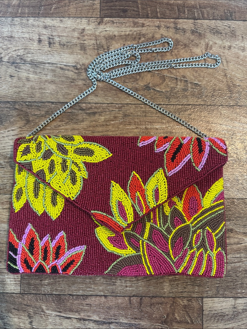 Lulu's Beaded Floral Envelope Clutch in Burgundy, Yellow & Pink